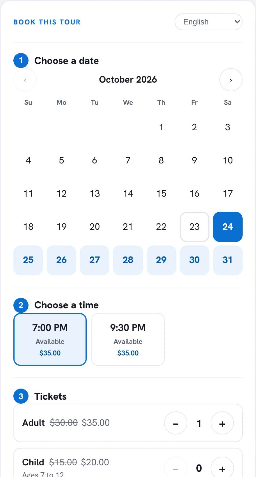 The booking form: a month calendar, two times to choose from, and tickets with the total