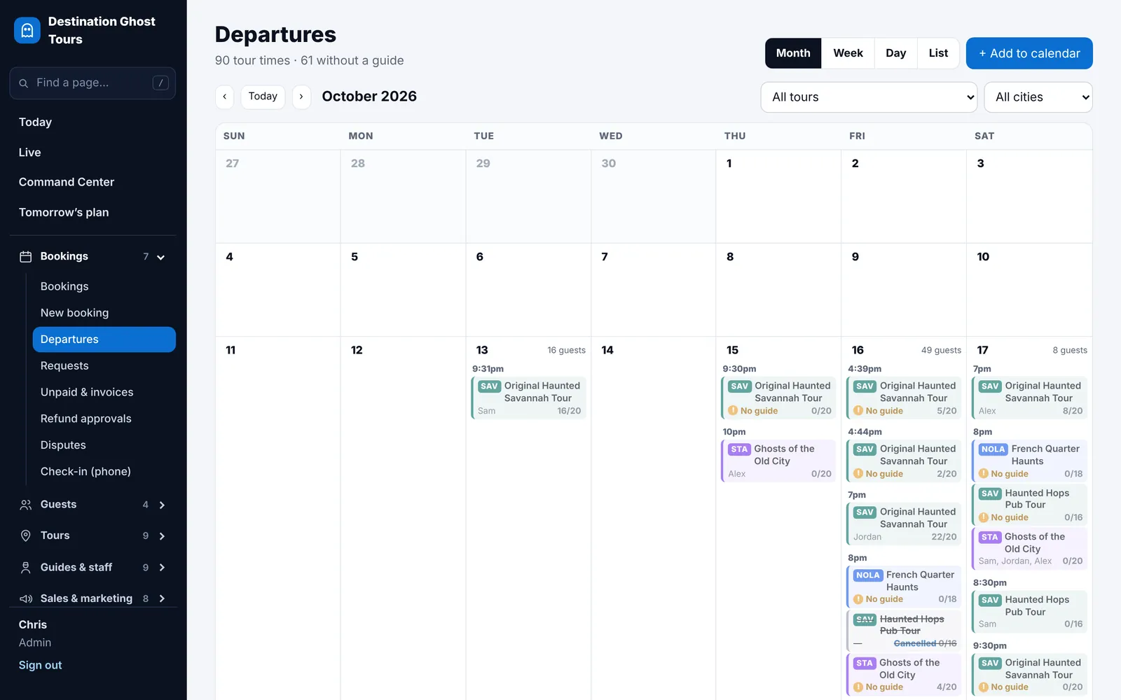 The departures calendar for the month, with seats sold on each tour time