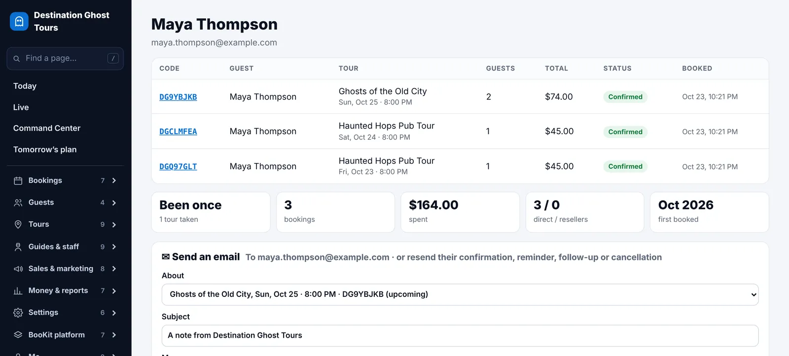Send an email: choose a booking, then write with fill-in buttons