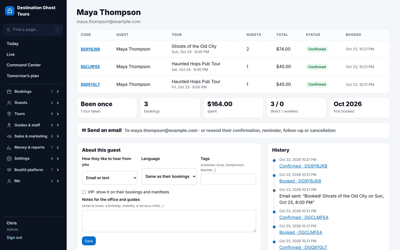 A guest’s profile: three bookings, money spent, and the history of every email