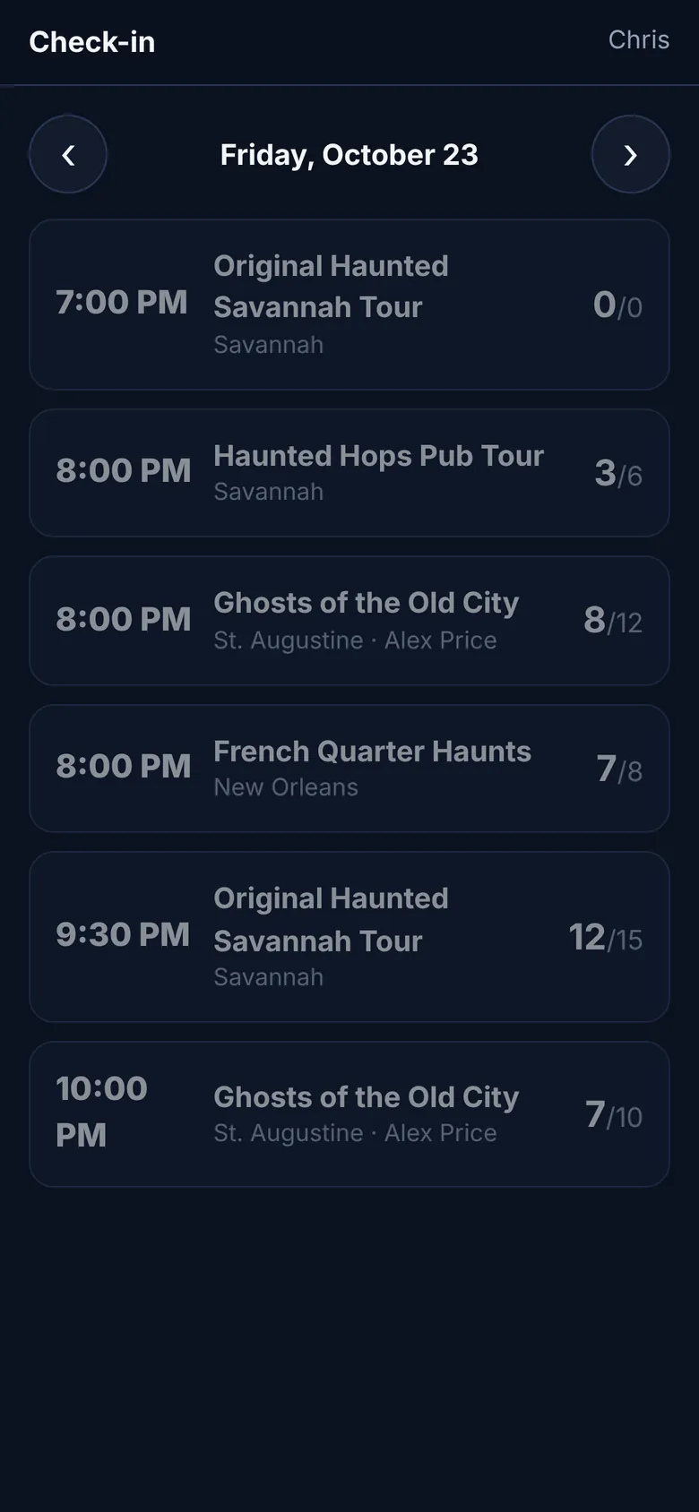 Check-in on a phone: tonight’s tour times with guests checked in out of booked