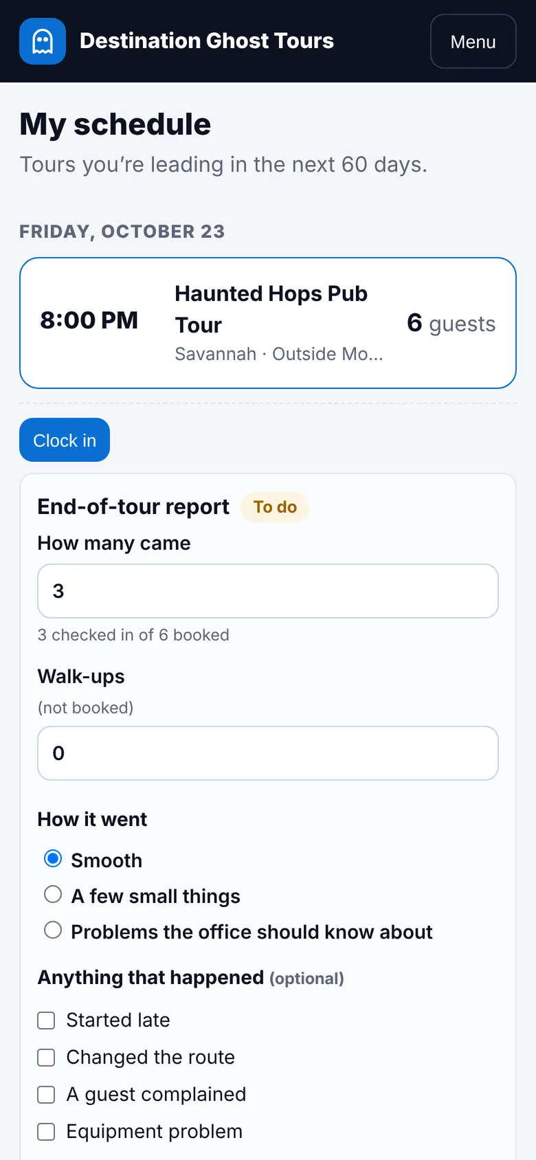 A guide’s schedule on a phone: tonight’s tour, Clock in, and the end-of-tour report