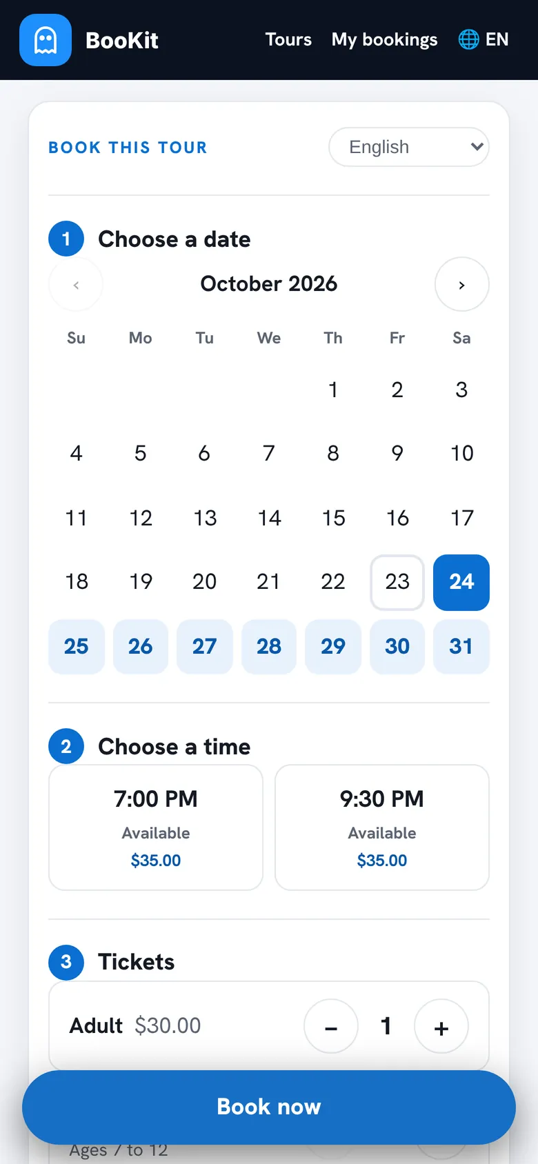 A tour page on a phone, with the calendar and a Book now button