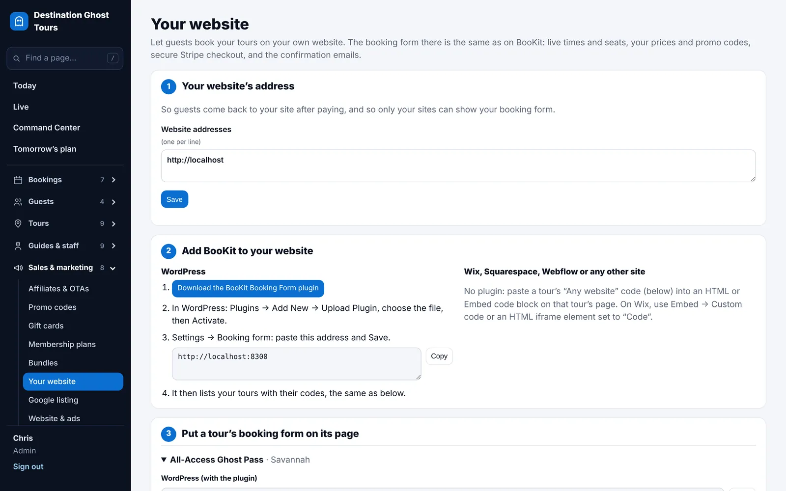 Your website: three steps, with the plugin download and a code to copy for each tour